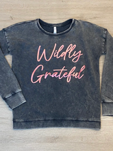 Load image into Gallery viewer, Acid Washed Wildly grateful 3D foil puff print Sweatshirt - TWEEN GIRLS
